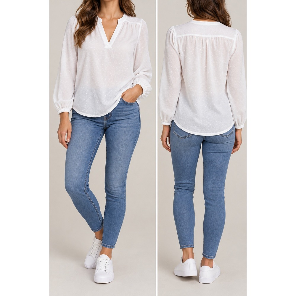 Weatherproof Vintage Womens White Clip Dot Split V-Neck Blouse XL NWT